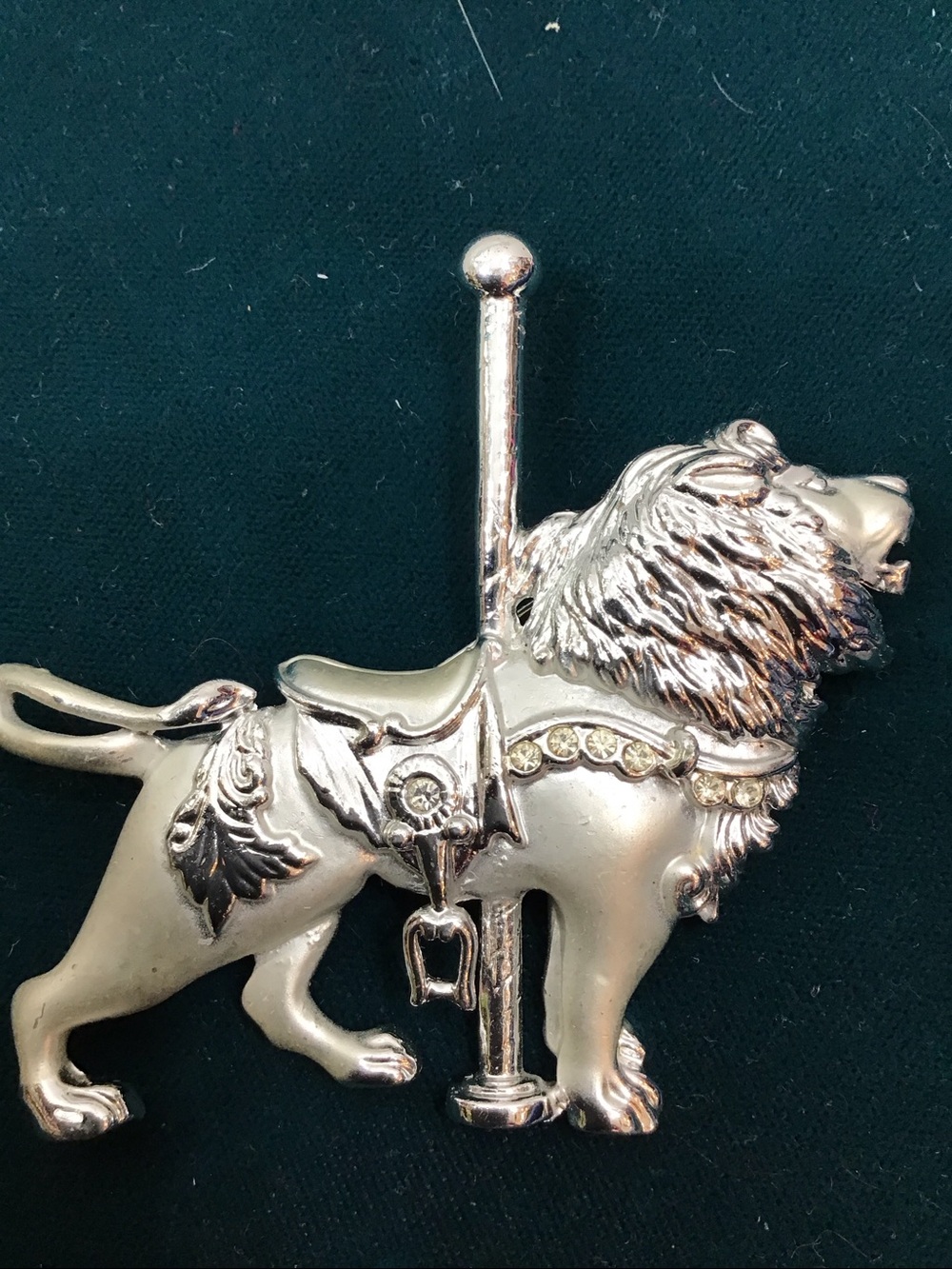 Vintage silver tone Carousel lion brooch rhinestone Merry Go Round pin